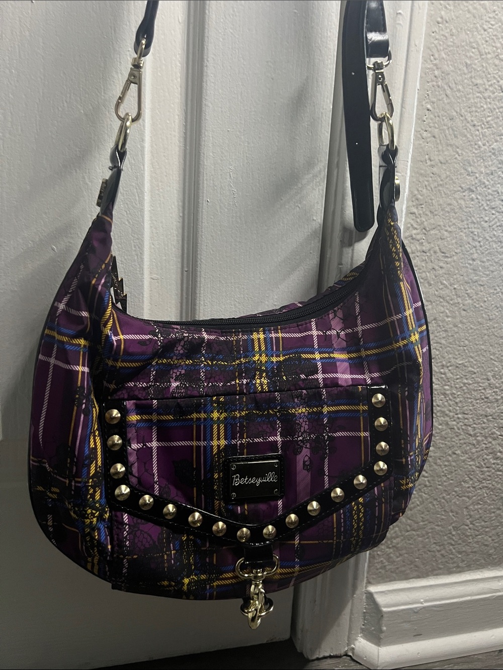 Betsey Johnson Purple & Yellow Plaid Studded Shoulder Bag